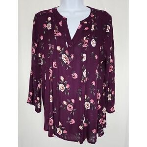 Monday Fun Women's Maroon Floral V-Neck Pullover Blouse Size Medium NWOT